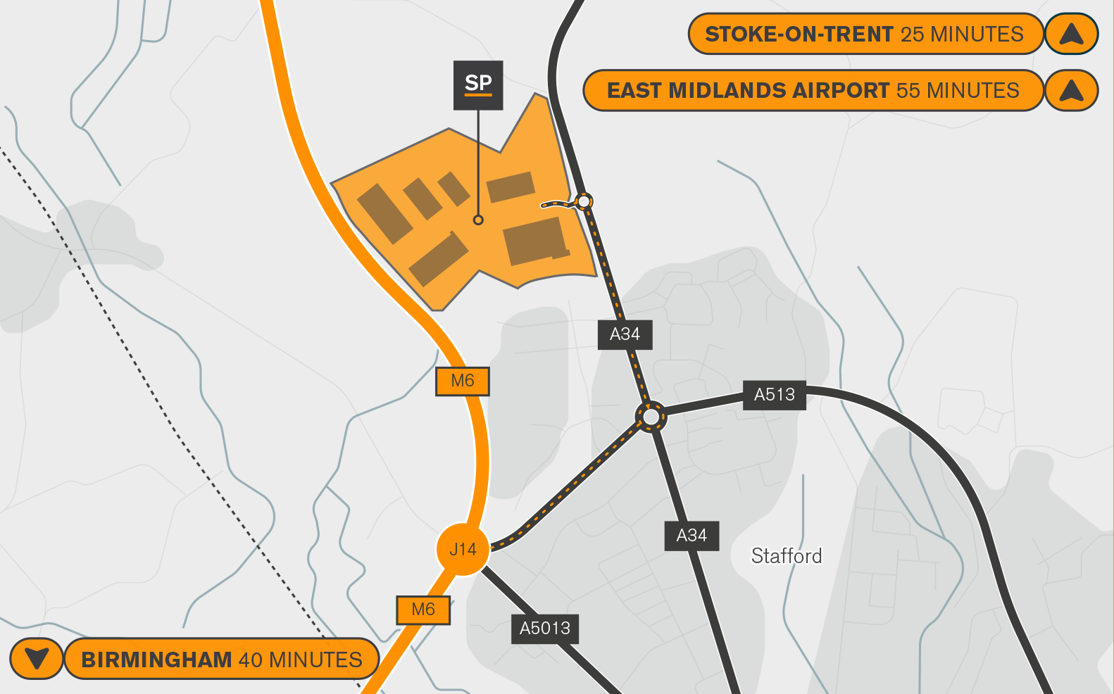 Route map showing drive times to Stoford Park Stafford North
